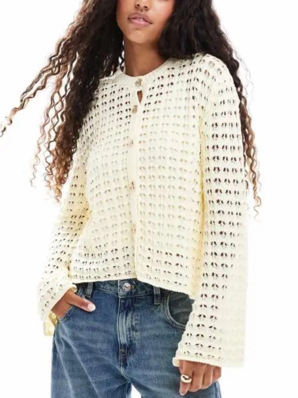 ASOS Cream Open-Weave Button Front Cardigan